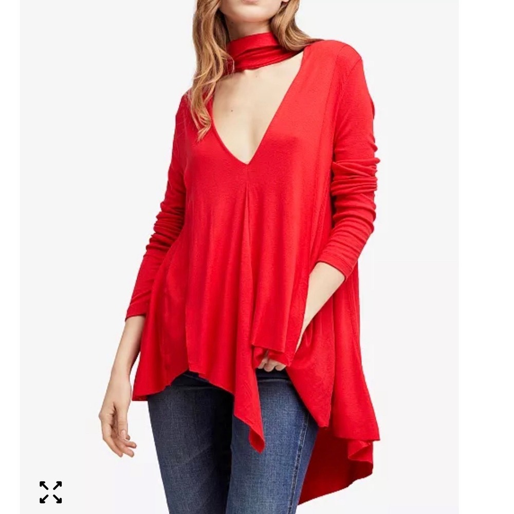 Free People Uptown Red Mock Neck Cutout Asymmetrical Hem Long Sleeve Tunic Top S